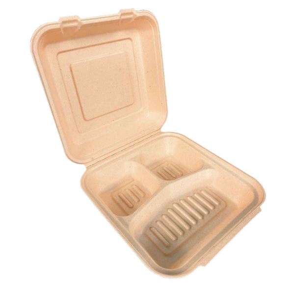 Compostable NatureFibre Sugarcane Clamshell 9x9x3" 3 compartment Kraft, 200pcs