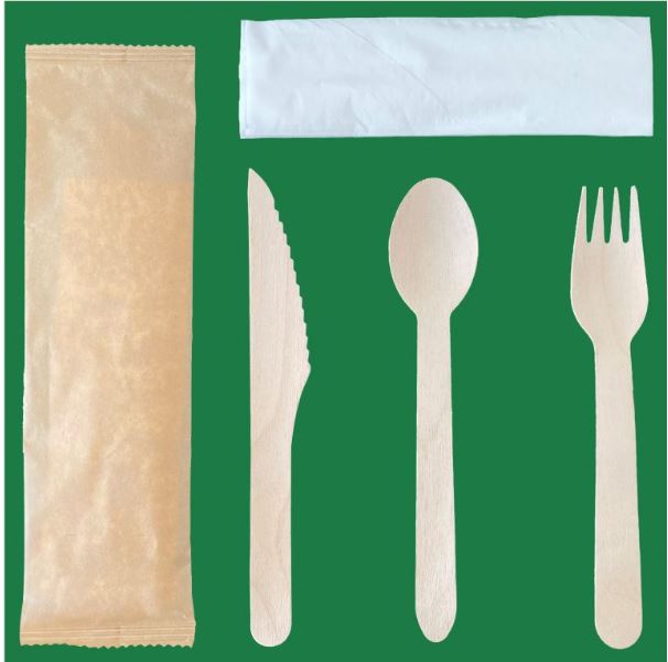 NatureSilver 6.25" Wooden Cutlery Kit Compostable (Fork,Knife,Spoon,Napkin), 250/cs